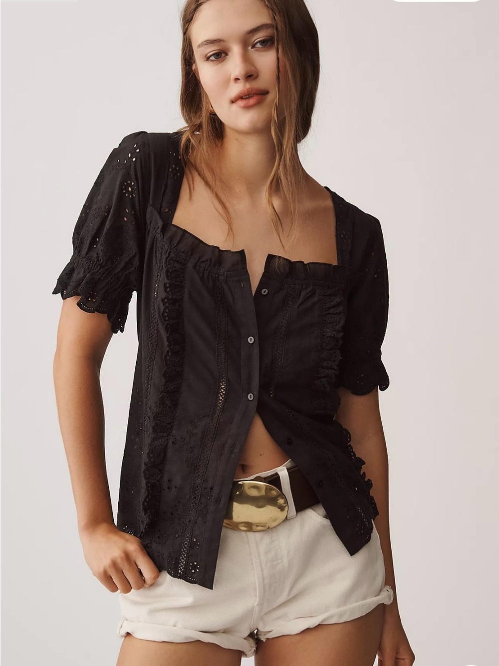 Anthropologie Short Puff Sleeve Cotton Eyelet Top Blouse Black XS